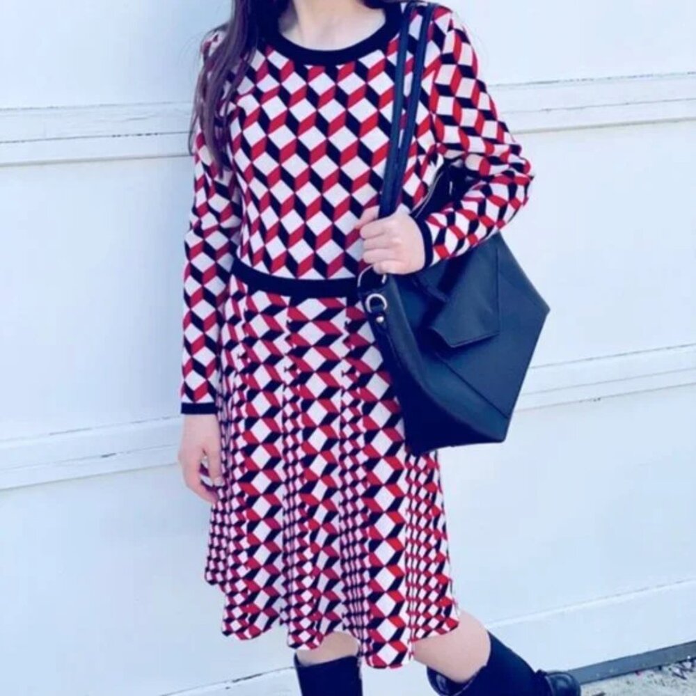 Geometric A-line Long Sleeve Sweater Dress